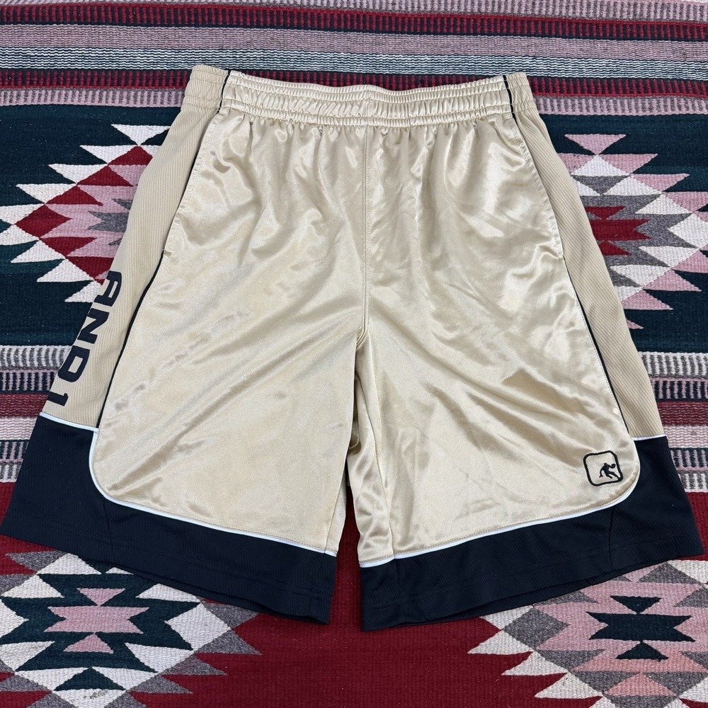Y2K And1 Gold Black Basketball Shorts Sz M Dazzle Shimmer Silky Gym Baggy Urban